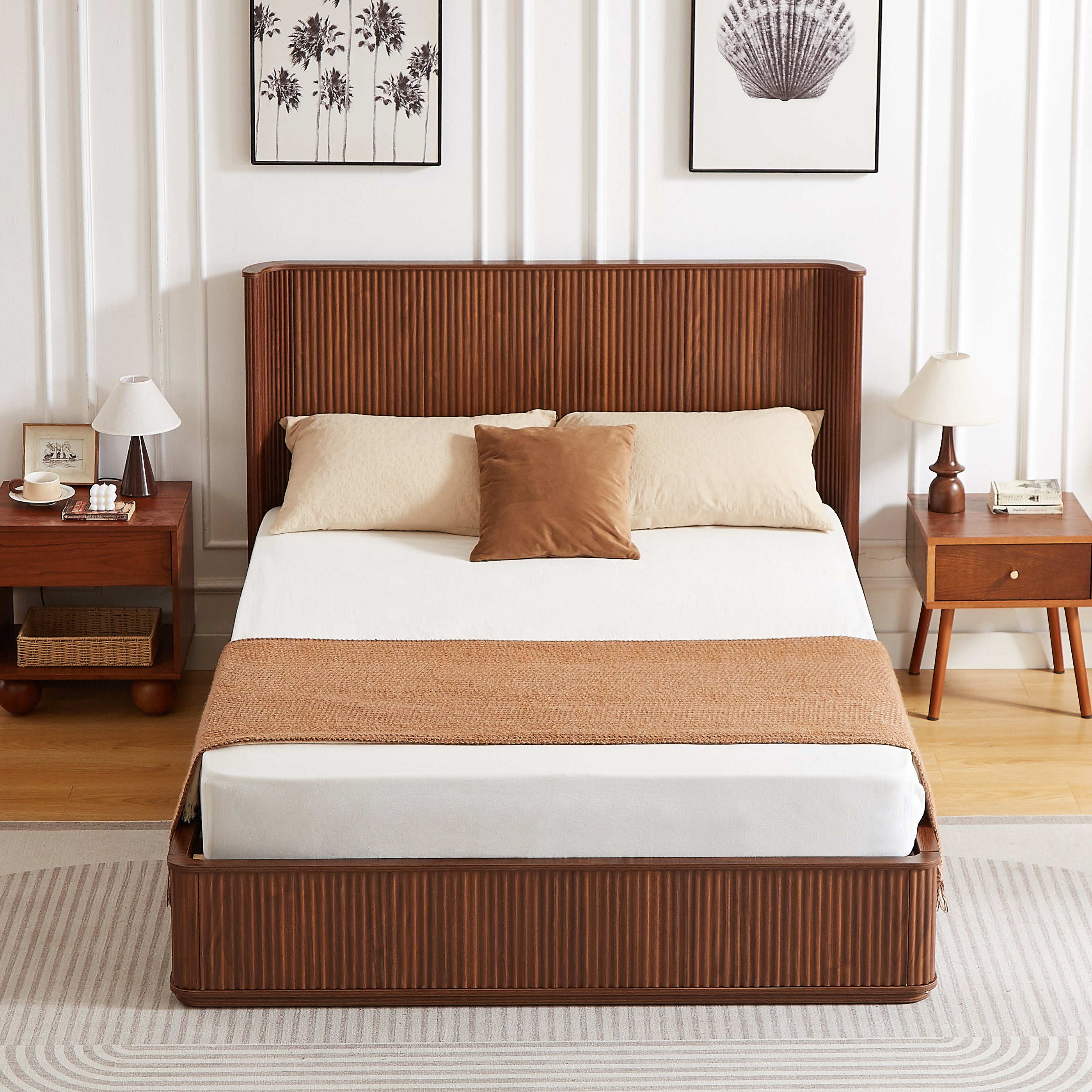 Fluted Walnut Wave Platform Bed Frame, Queen - Elirian