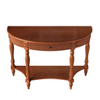 Solid Wood Half Moon Console Table with Drawer and Shelf, Fluted Front, Carved Roman Column Legs, Rustic Walnut - Elirian