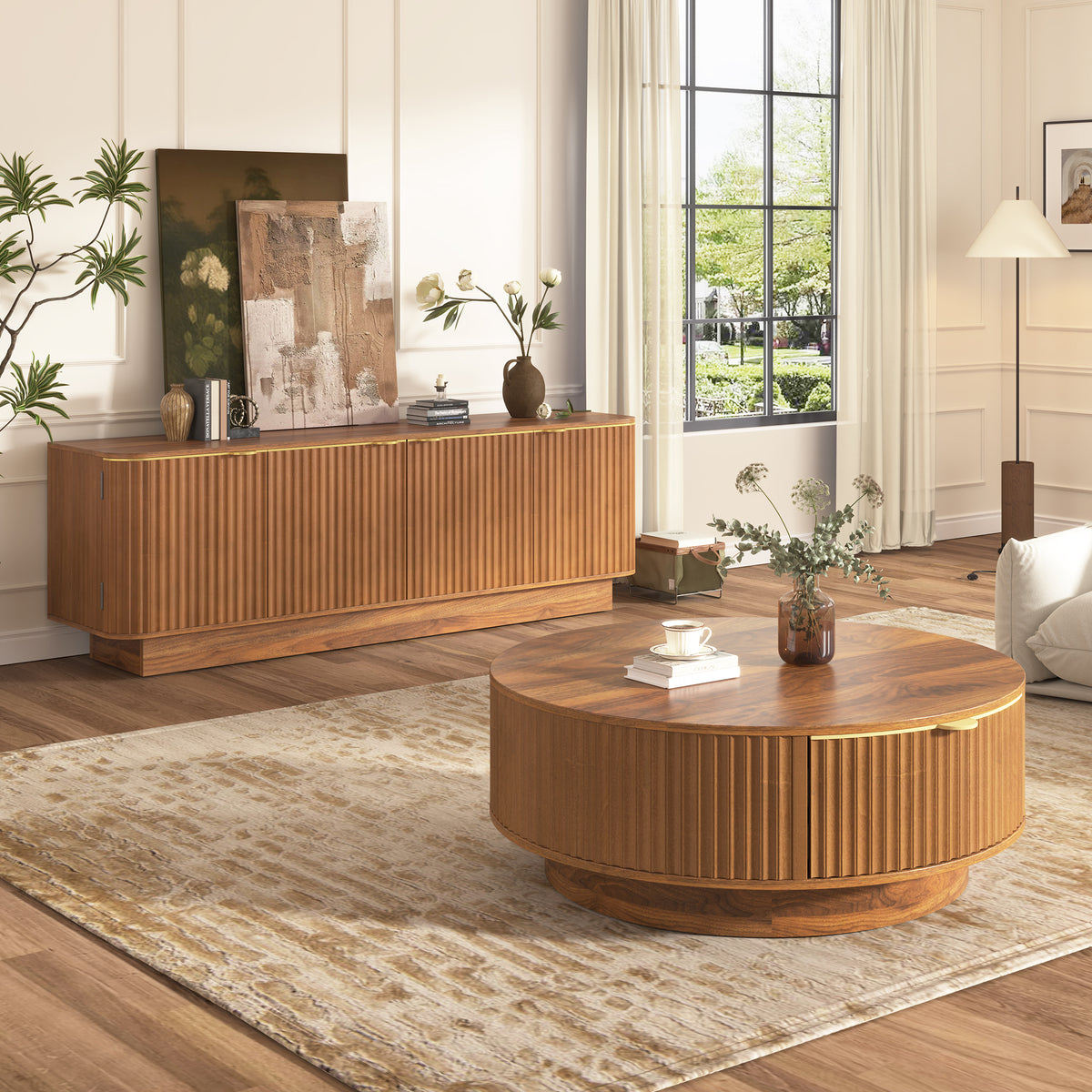 Fluted Coffee Table & TV Console Set in Warm Brown - Elirian