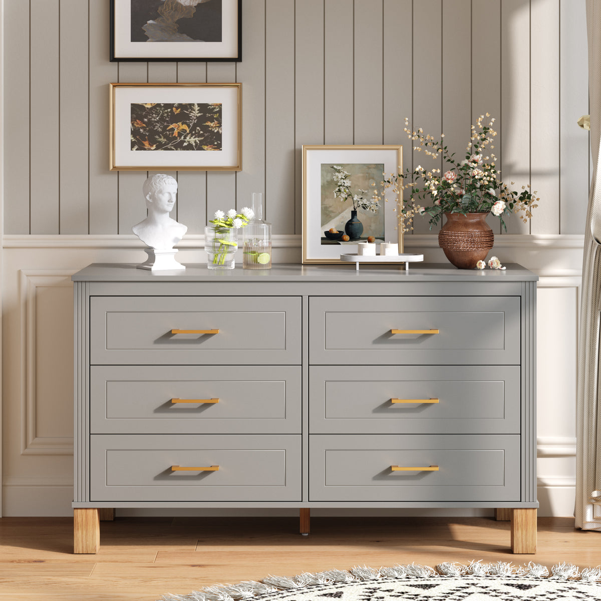 Gray 6-drawer dresser with gold metal handles and wooden legs, modern bedroom furniture - Elirian
