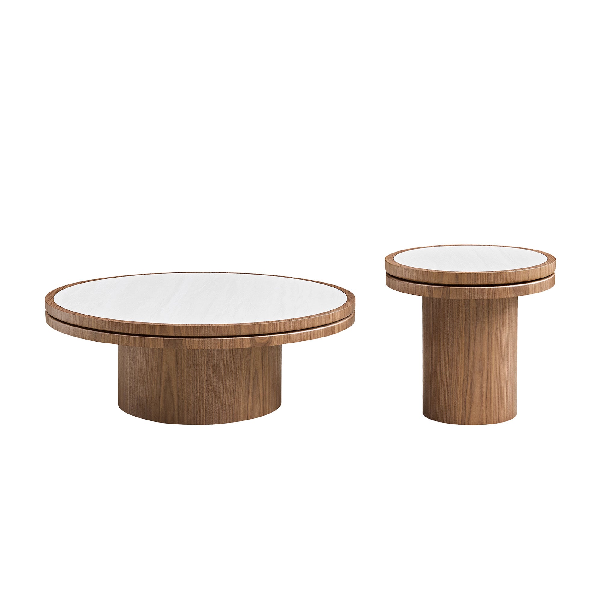 Sintered Stone Round Coffee Table with Walnut Pedestal Base - Elirian