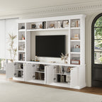 White modern TV stand with built-in bookcase storage and shelving - Elirian