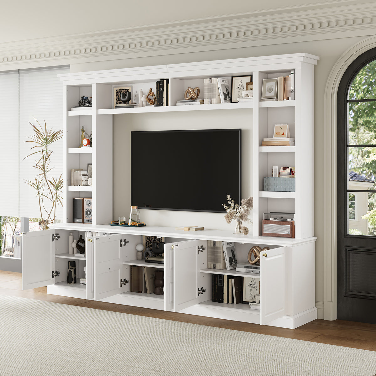White modern TV stand with built-in bookcase storage and shelving - Elirian