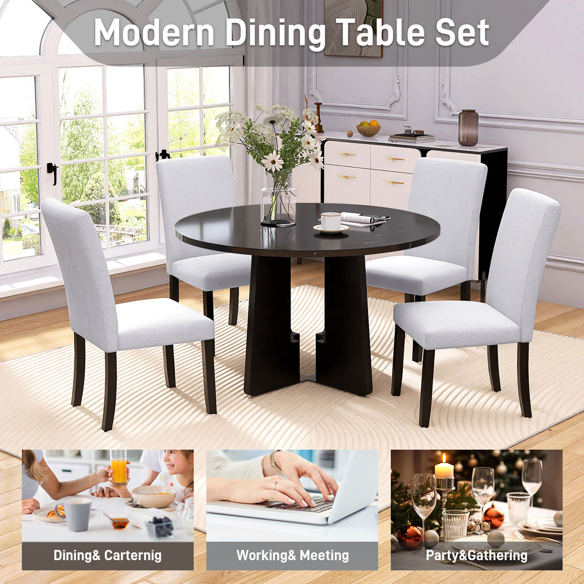5-Piece Round Dining Set with Upholstered Chairs, 43-Inch Table - Elirian