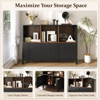 Black Fluted 3-Door Storage Cabinet with Open Display Shelves - Elirian