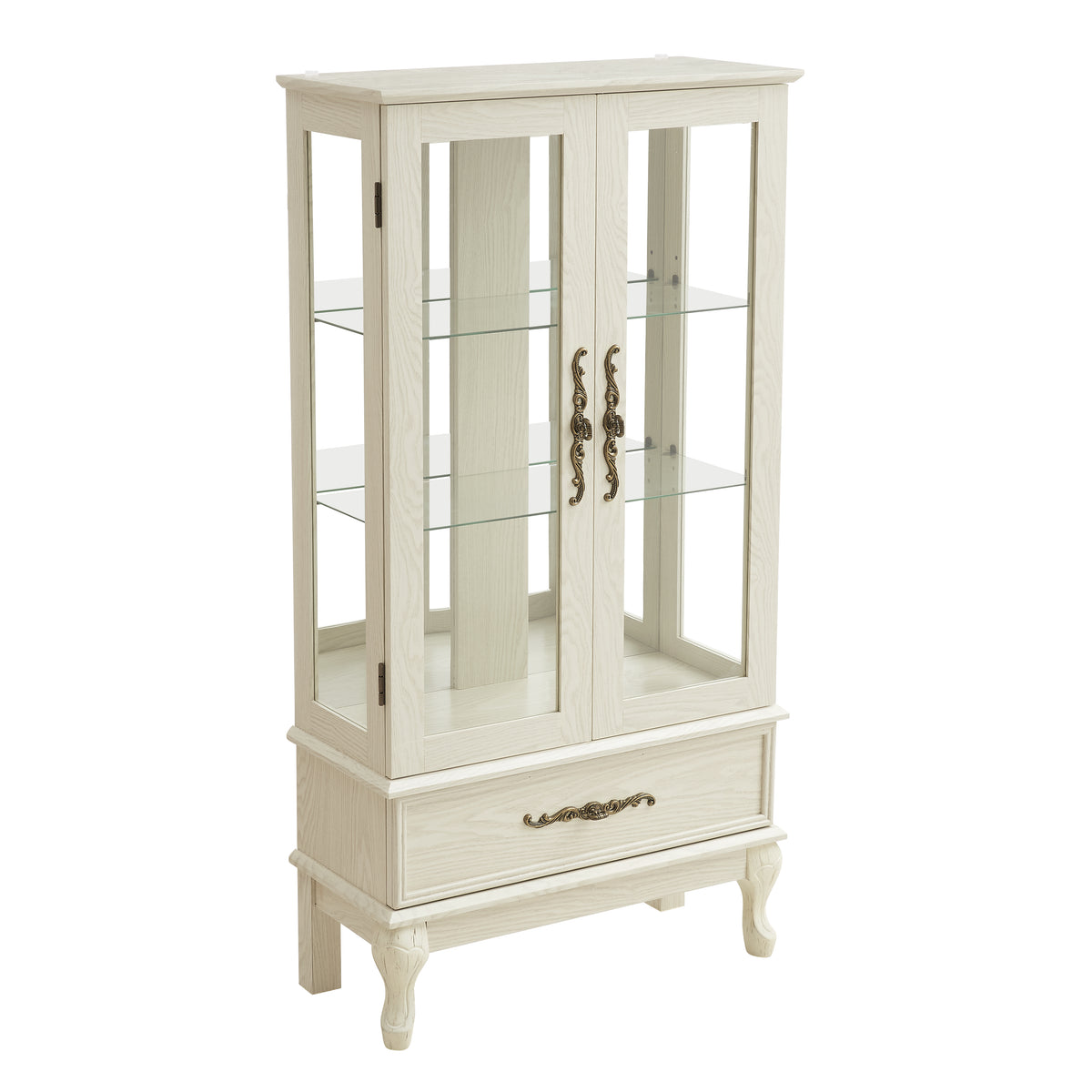 Antique White Lighted Curio Cabinet with Glass Doors and Adjustable Shelves - Elirian