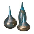 Aurora Blue and Bronze Decorative Glass Vase Set of 3, Gourd Shape