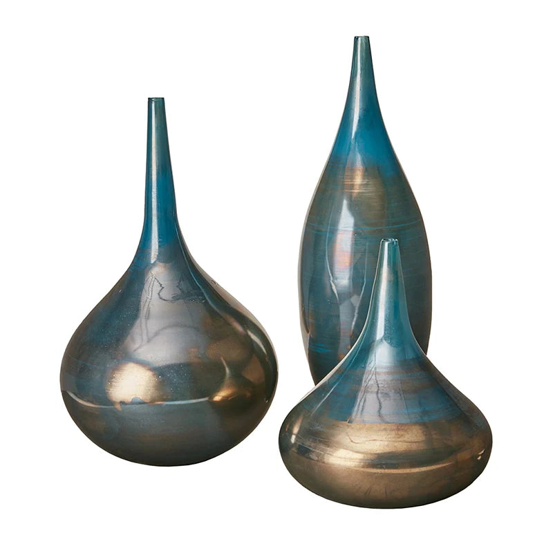 Aurora Blue and Bronze Decorative Glass Vase Set of 3, Gourd Shape