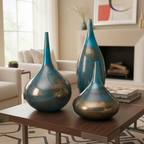 Aurora Blue and Bronze Decorative Glass Vase Set of 3, Gourd Shape
