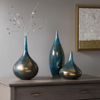 Aurora Blue and Bronze Decorative Glass Vase Set of 3, Gourd Shape