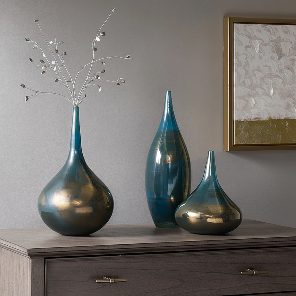 Aurora Blue and Bronze Decorative Glass Vase Set of 3, Gourd Shape