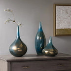 Aurora Blue and Bronze Decorative Glass Vase Set of 3, Gourd Shape