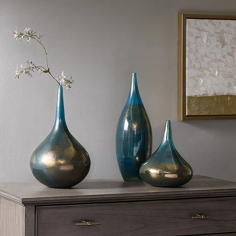 Aurora Blue and Bronze Decorative Glass Vase Set of 3, Gourd Shape
