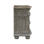 Gray Marble Top Nightstand with 3 Drawers and Carved Wood Details