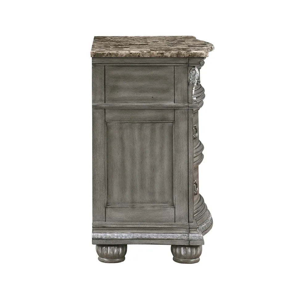 Gray Marble Top Nightstand with 3 Drawers and Carved Wood Details