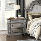 Gray Marble Top Nightstand with 3 Drawers and Carved Wood Details