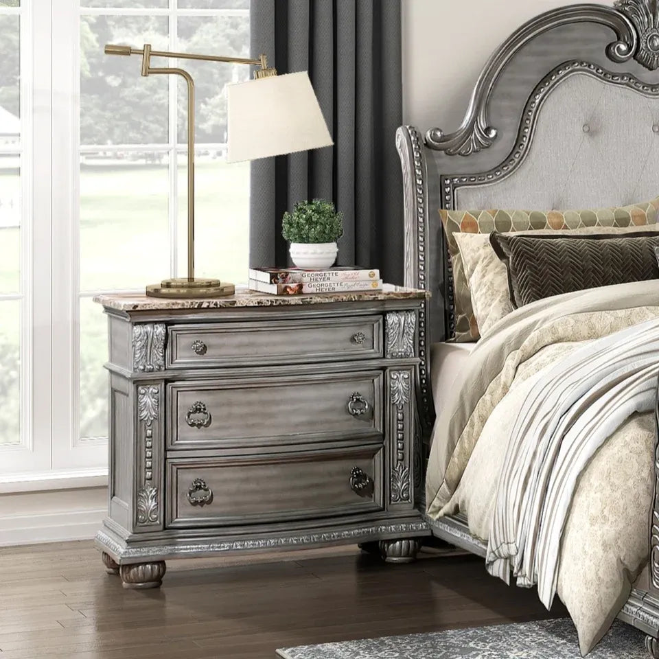 Gray Marble Top Nightstand with 3 Drawers and Carved Wood Details