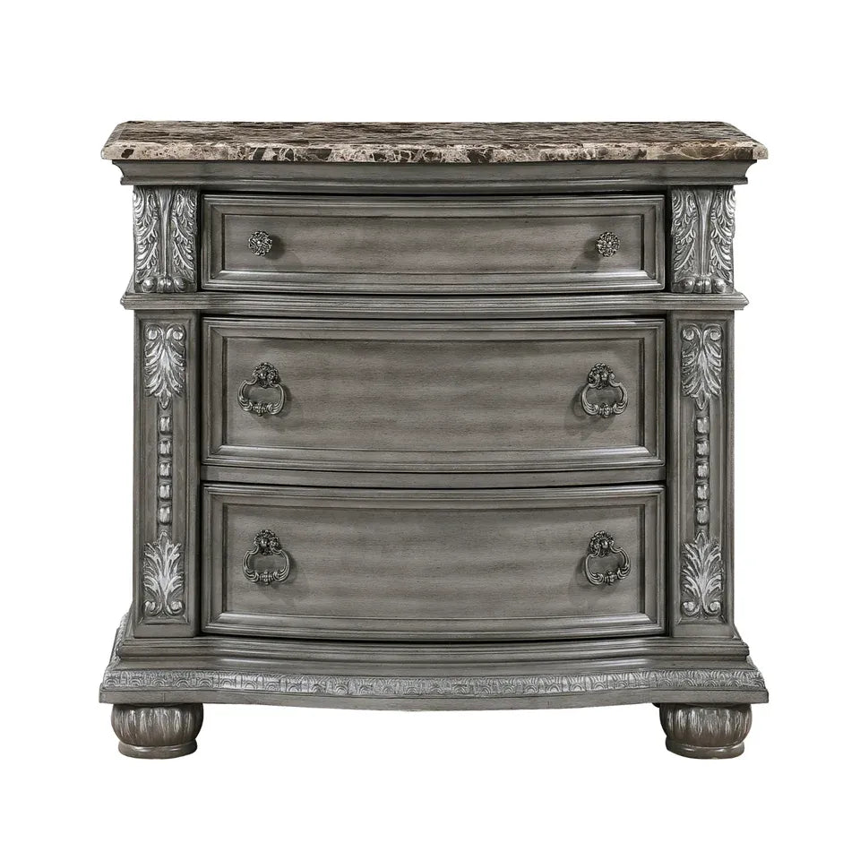 Gray Marble Top Nightstand with 3 Drawers and Carved Wood Details
