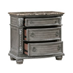 Gray Marble Top Nightstand with 3 Drawers and Carved Wood Details