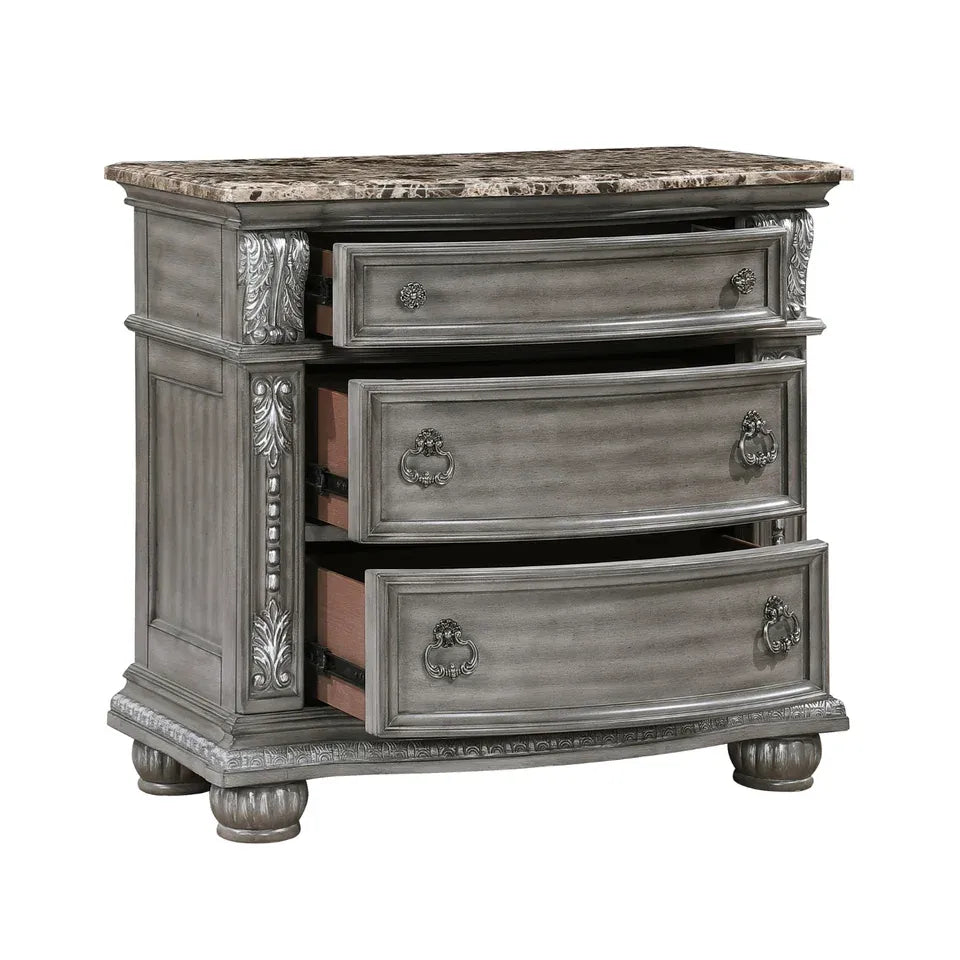 Gray Marble Top Nightstand with 3 Drawers and Carved Wood Details
