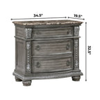 Gray Marble Top Nightstand with 3 Drawers and Carved Wood Details