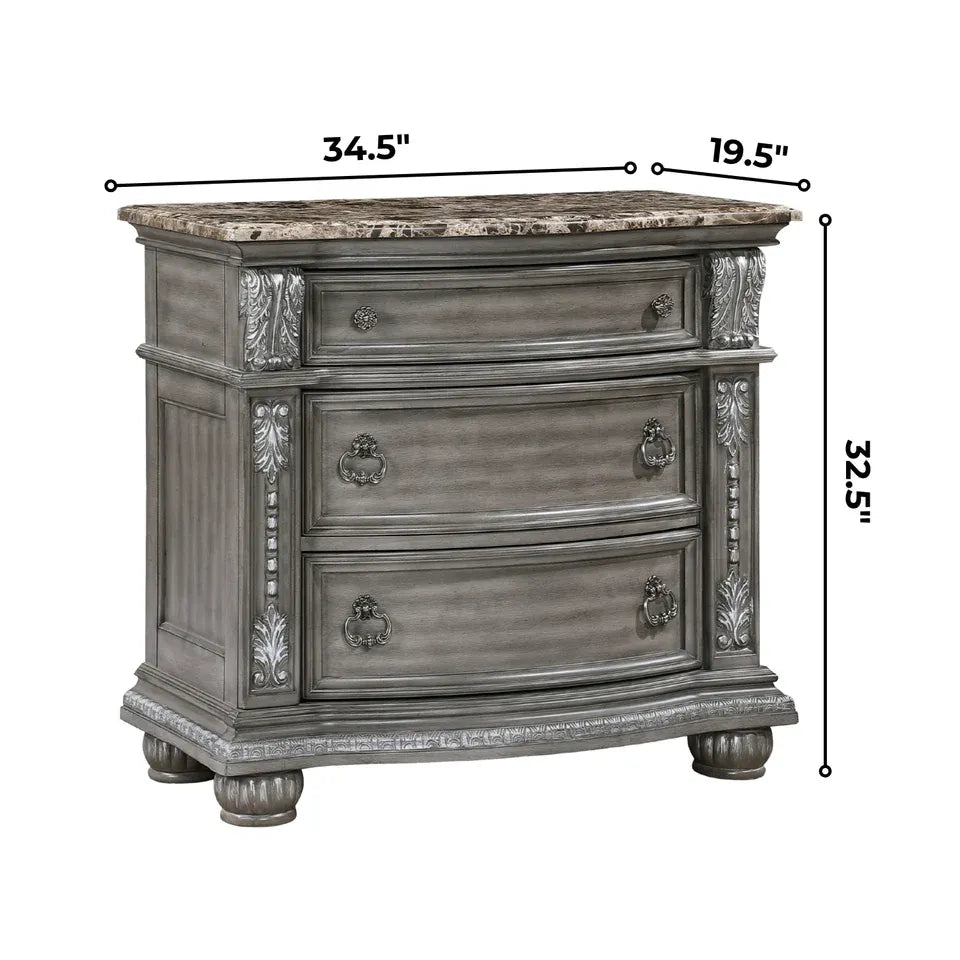 Gray Marble Top Nightstand with 3 Drawers and Carved Wood Details