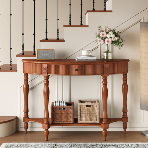 Solid wood half moon console table with fluted front and carved column legs - Elirian