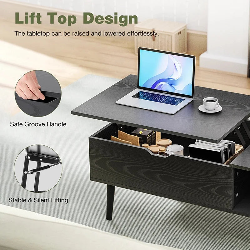 Black Lift Top Coffee Table with Hidden Storage - Elirian
