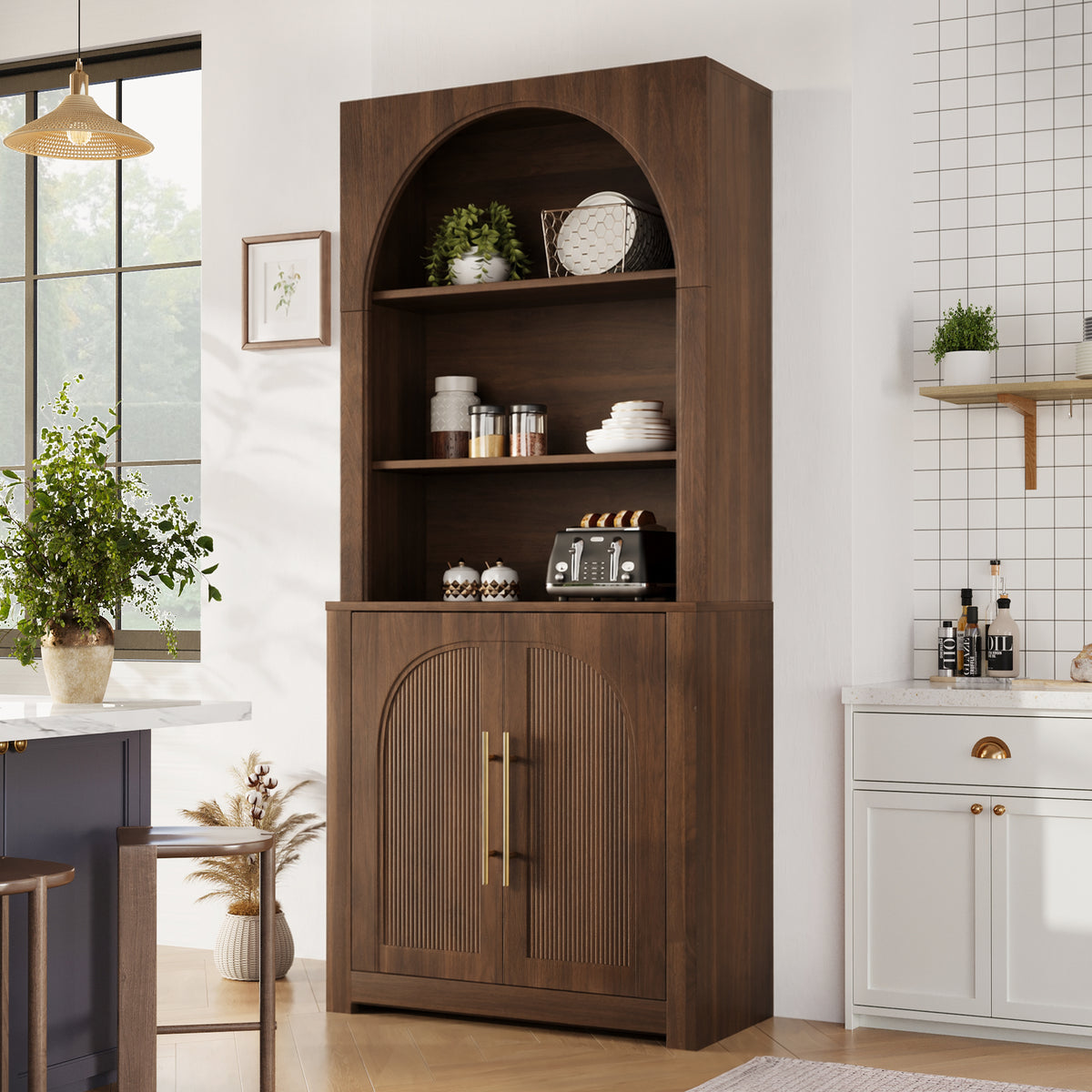 Walnut Arched Bookcase with Storage Cabinet and Open Display Shelves - Elirian
