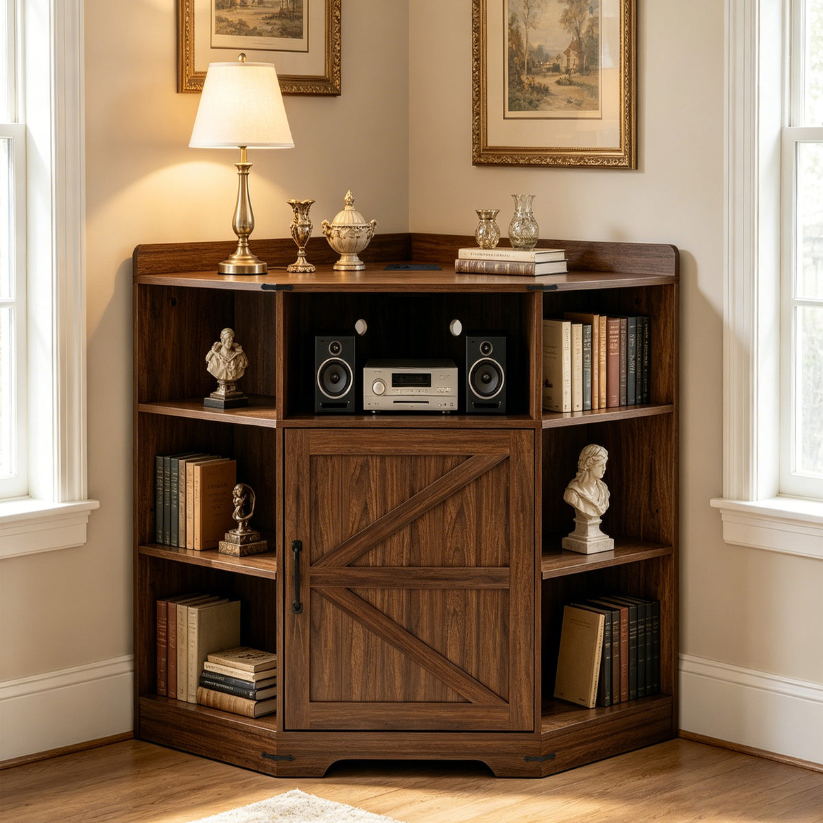 Walnut Corner Storage Cabinet with Charging Station and 6 Cubbies - Elirian
