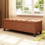 Cognac Brown Button Tufted Storage Ottoman in Faux Leather - Elirian