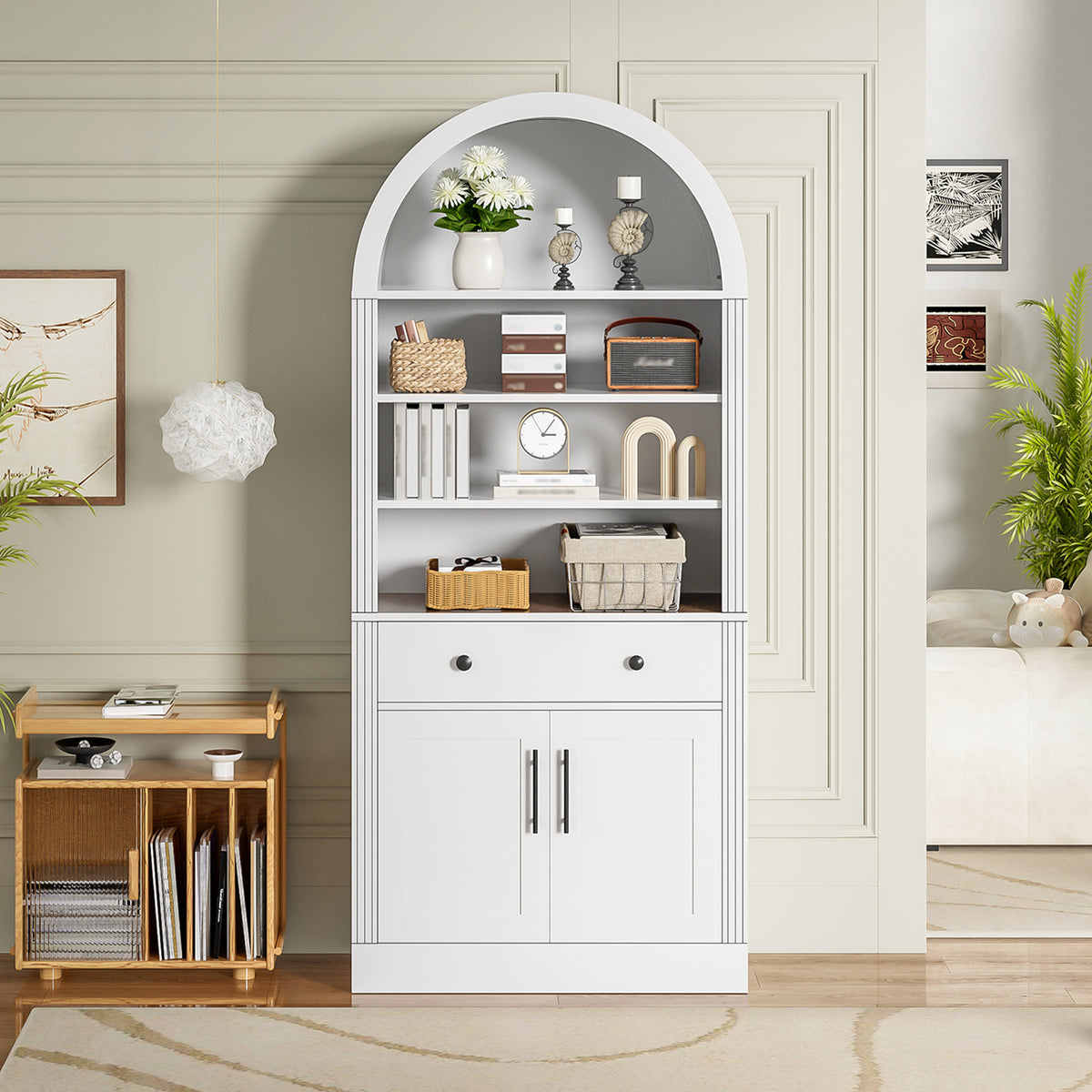 Arched White Bookshelf with Storage Cabinet and Adjustable Shelves - Elirian