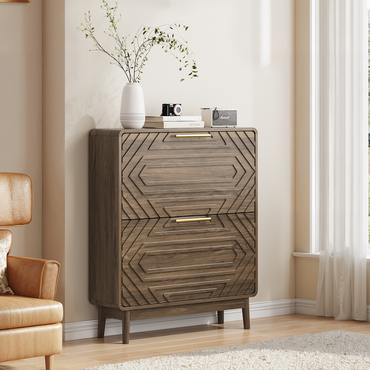 Walnut Mid-Century Shoe Cabinet with Flip-Top Drawers - Elirian