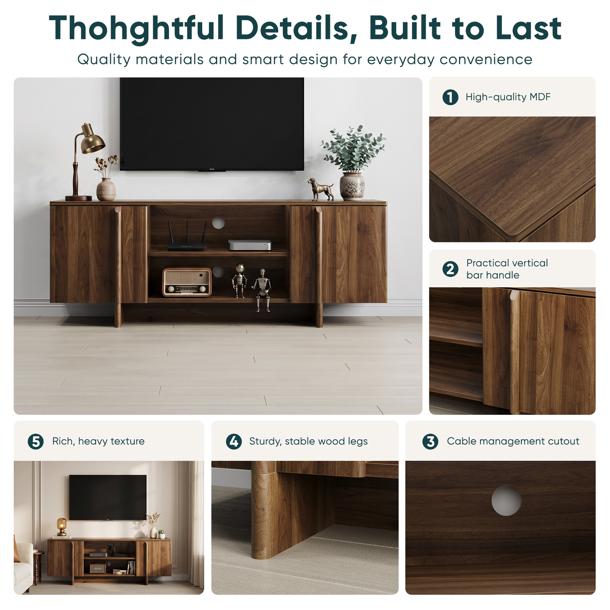 Mid-Century Walnut TV Stand with Double Doors and Open Shelving - Elirian