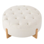 Round Tufted Chenille Ottoman with Solid Wood Legs, Beige - Elirian