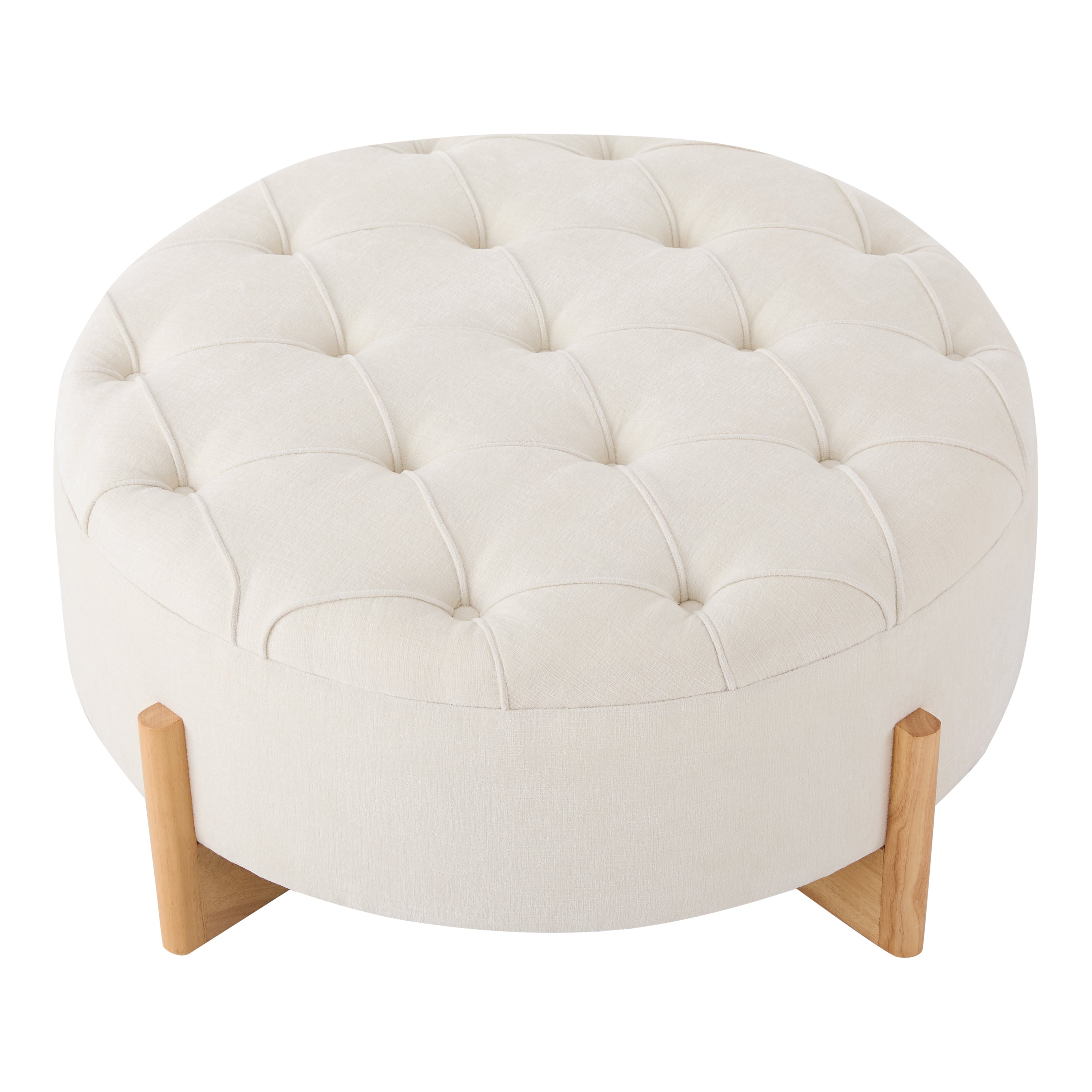 Round Tufted Chenille Ottoman with Solid Wood Legs, Beige - Elirian