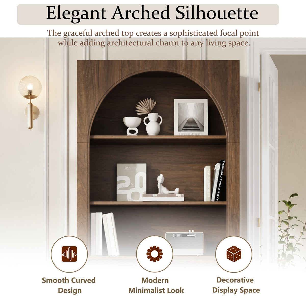 Walnut Arched Bookcase with Storage Cabinet and Open Display Shelves - Elirian