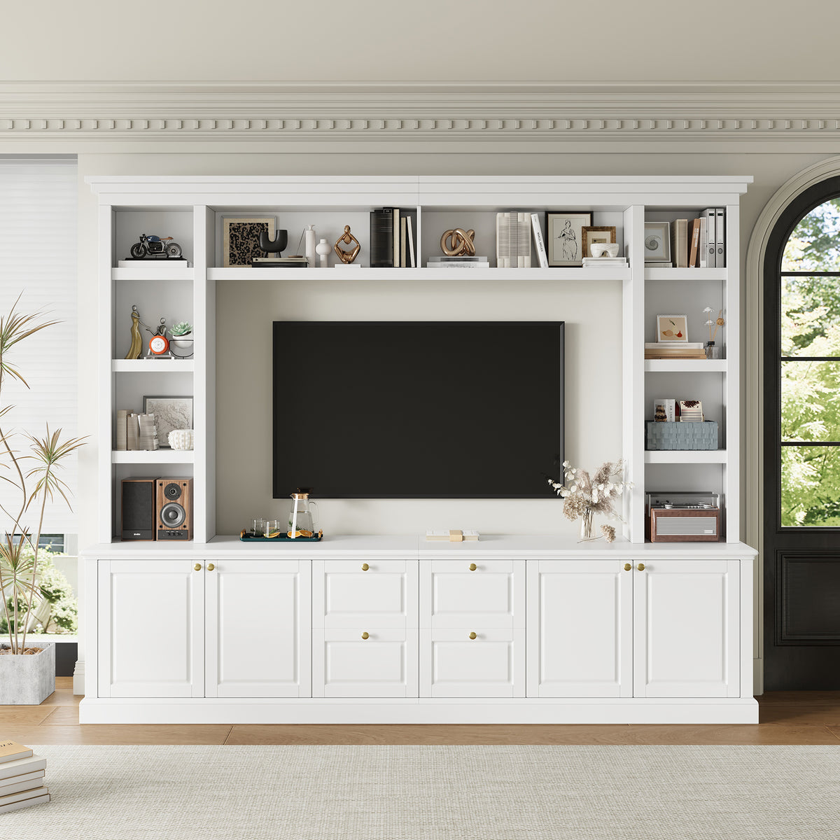 White modern TV stand with built-in bookcase shelving and storage cabinets - Elirian