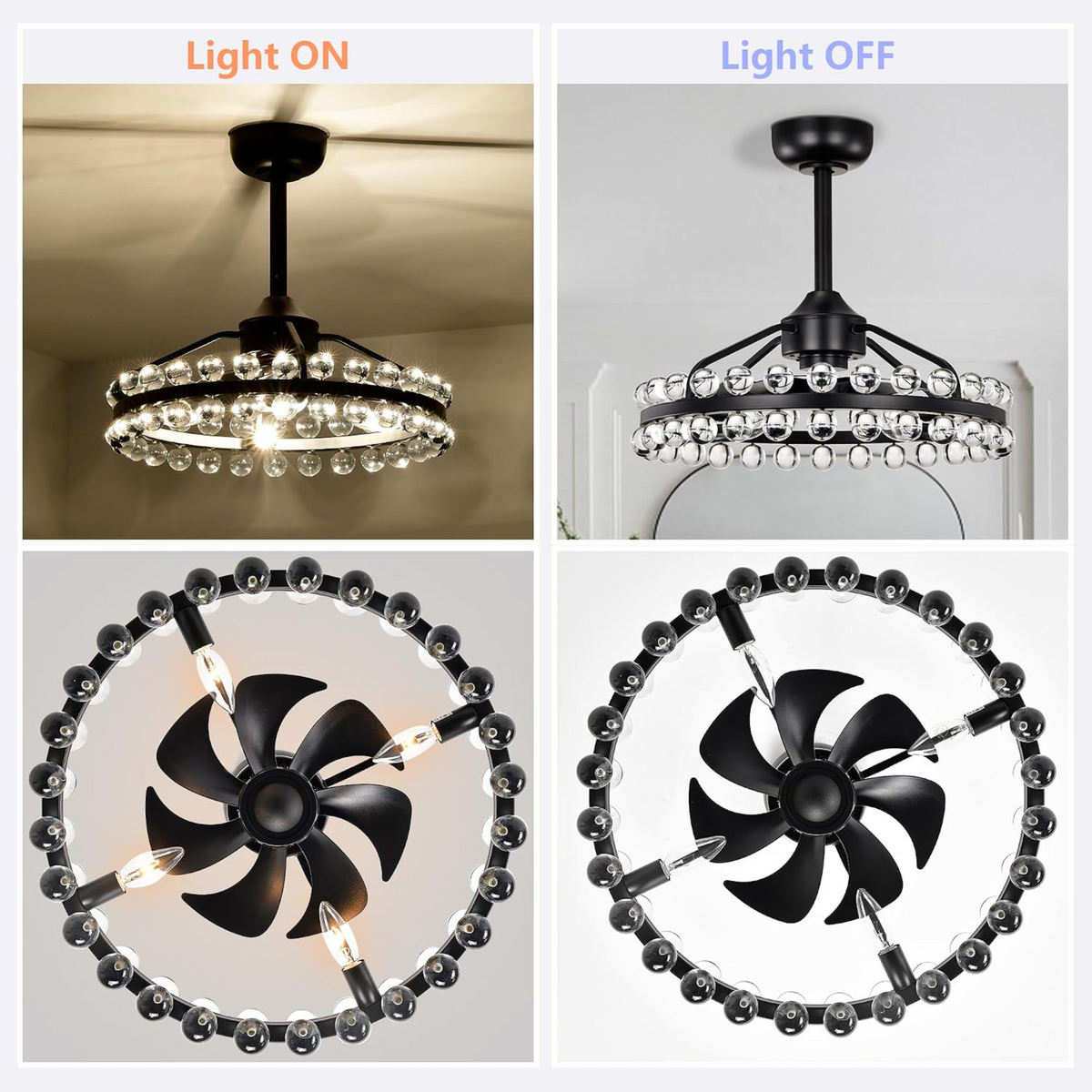 Black Crystal Caged Ceiling Fan with Light and Remote - Elirian
