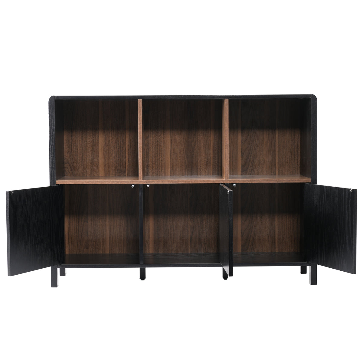 Black Fluted 3-Door Storage Cabinet with Open Display Shelves - Elirian