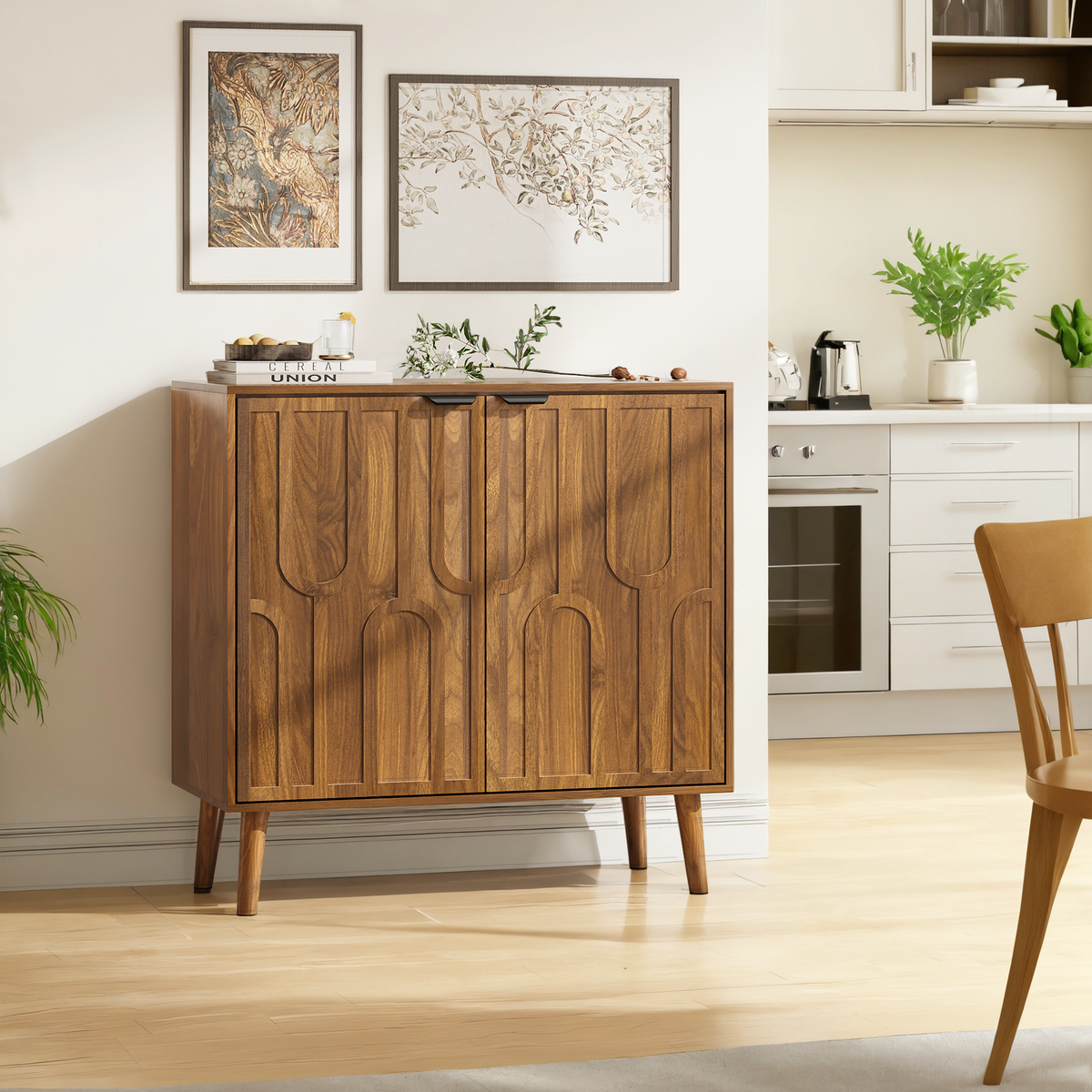 Farmhouse Walnut Sideboard Buffet Cabinet with Slatted Doors, 31.5" W - Elirian