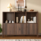 Walnut fluted 3-door storage cabinet with open shelves displaying books and home decor - Elirian