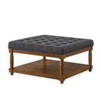 Tufted Linen Ottoman Coffee Table with Wood Shelf, Charcoal - Elirian