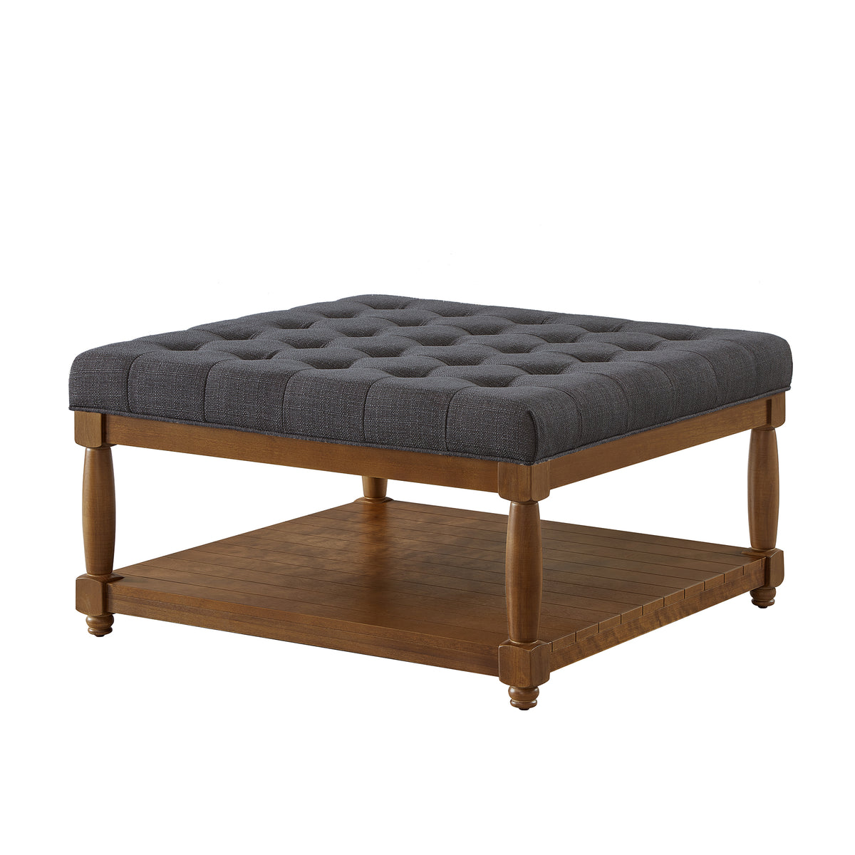 Tufted Linen Ottoman Coffee Table with Wood Shelf, Charcoal - Elirian