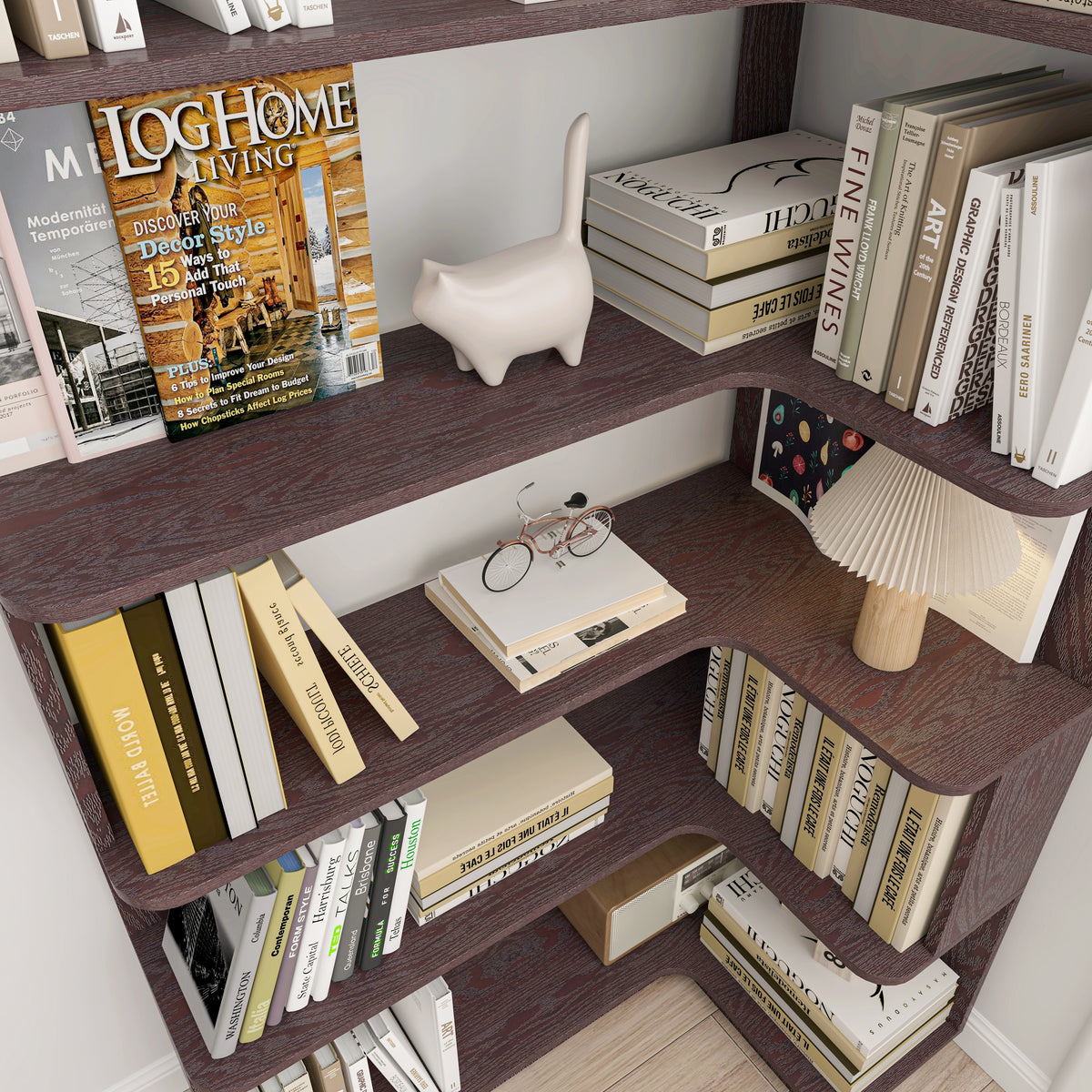 Freestanding Corner Bookshelf in Ox Blood Red with Open Display Shelves - Elirian