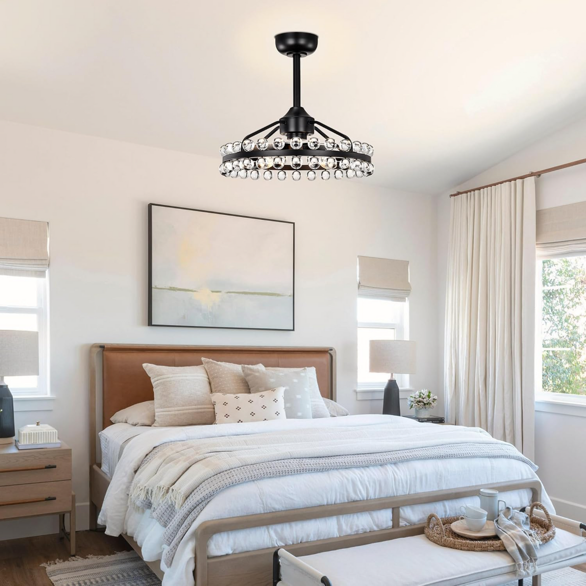 Black Crystal Caged Ceiling Fan with Light and Remote - Elirian