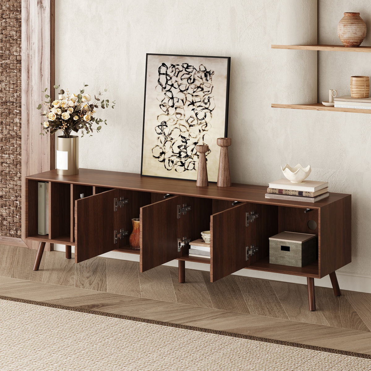 Walnut mid-century modern TV stand with open storage compartments and solid wood legs - Elirian