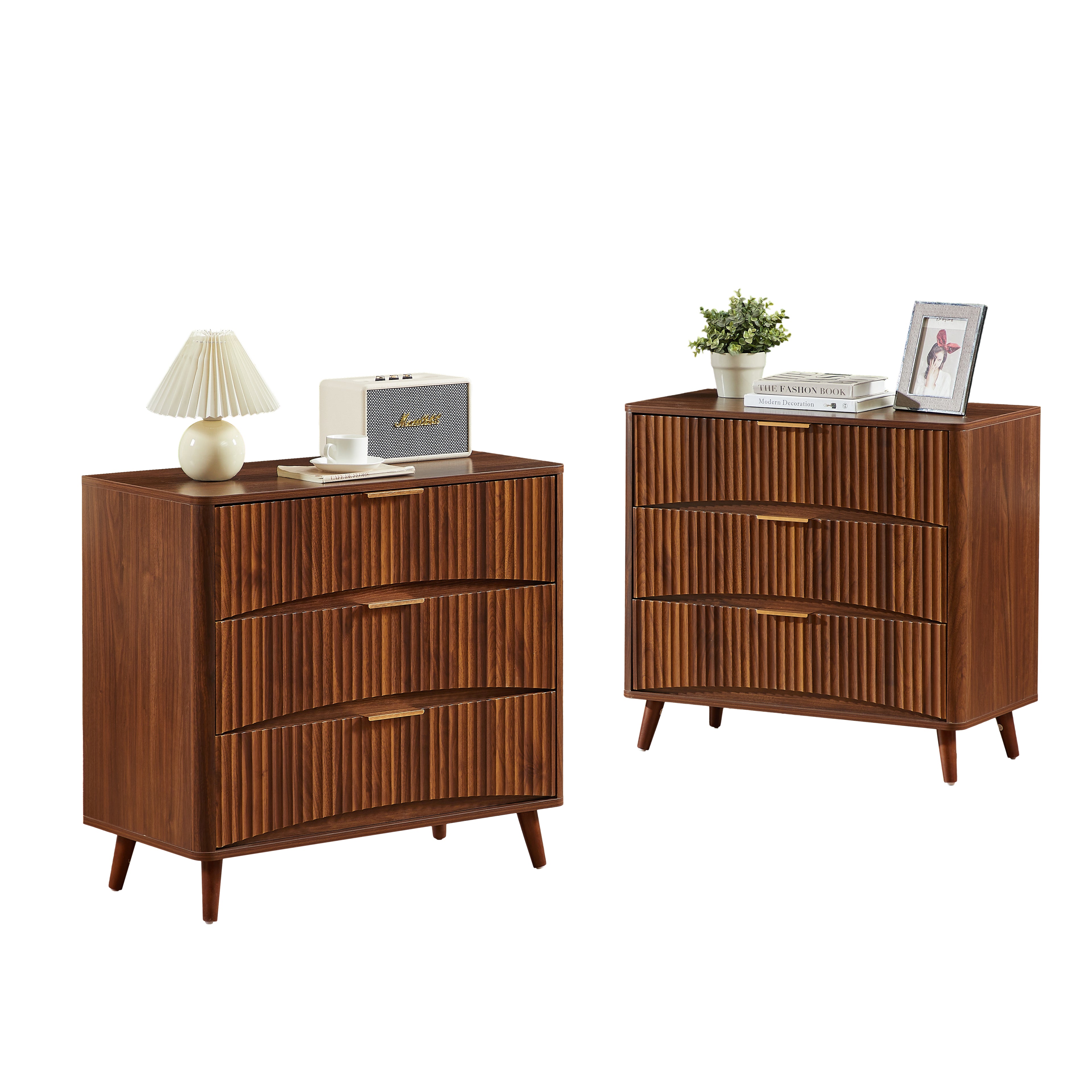 Fluted Walnut 3-Drawer Dresser, Set of 2 - Elirian