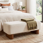 Padded Upholstered Ottoman Bench in Warm Beige with Rubberwood Legs - Elirian