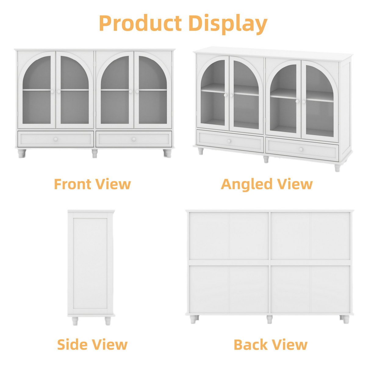 White Arched Glass Sideboard Buffet Cabinet with 2 Drawers and 4 Glass Doors - Elirian